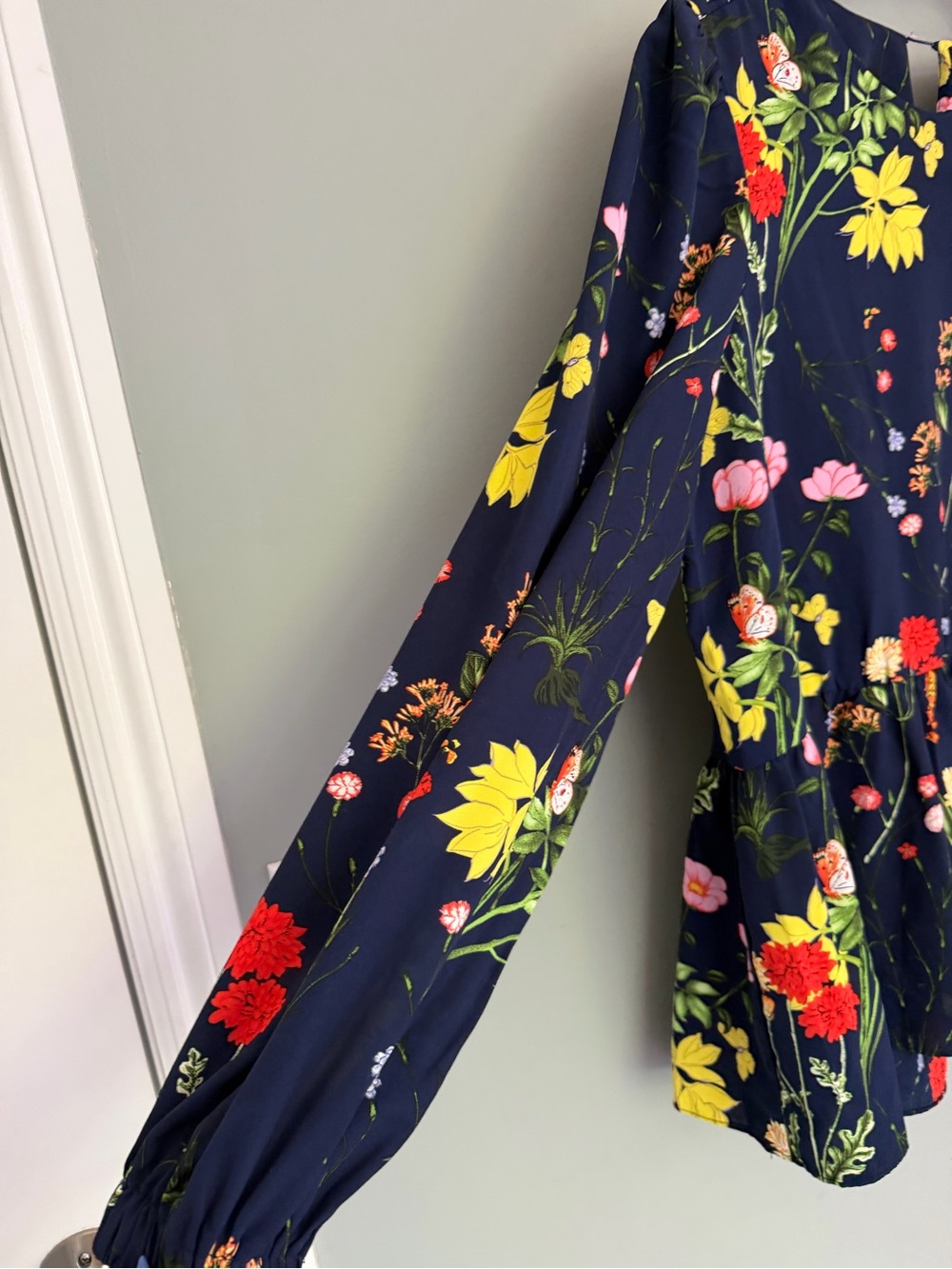 Pomander Place "Carlota" Navy Blue Wildflowers Long Sleeve Peplum Blouse - Picture 4 of 14
